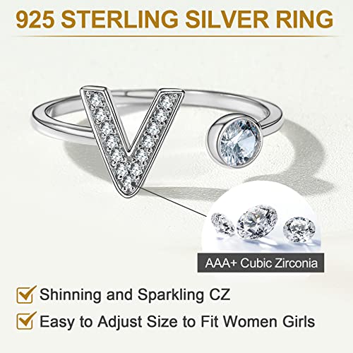S925 Zilveren Zircon Letter Ring Open verstelbaar Initiële Alfabet A-Z Ring Dames Stapelbare Zircon Verlovingsring Memoire Ring in witgouden ring Maat voor 51,8 (16,5) - 67,2 (21,4) 4