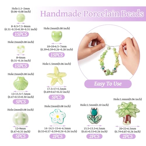 66 Stuks Handgemaakte Porselein kralen Bloem kralen Helder Geglazuurd hart / Starfish Porselein kralen Diverse Spacer Keramische kralen voor doe-het-zelf sieraden maken, gazon groen 4