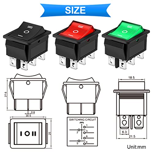 3 stuks Rocker Switch AC 16A/250V 20A/125V DPDT Aan/uit/op de Mini Drukknop 3 Kleuren (zwart/rood/groen) 6 Pole 3 Positie LED Rocker Switch 4
