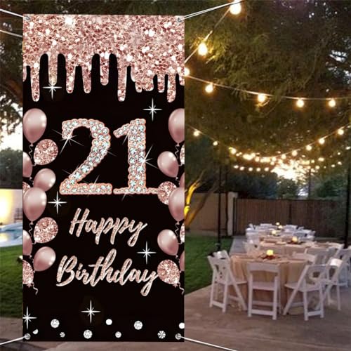 21e verjaardag decoratie voor meisjes gelukkig 21e. Verjaardag Poster Deur Banner Zwart en Rose Stof Teken Muur / Deur Banner 21e Verjaardag Achtergrond Banne r Meisjes Verjaardag Party Welkom Teken 4