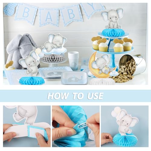 6 st. Baby Douche Decoraties Blue Elephant Honingraat Centerpiece Jongen Geslacht onthullen tafel centrumstuk voor kinderen Geslacht onthullen baby douche Feesttabel Favor Supplies 5