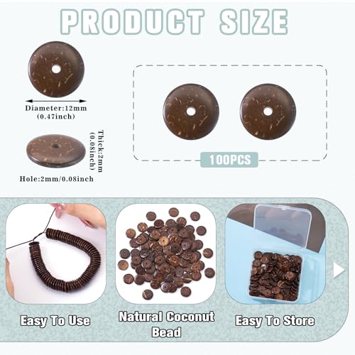 100 st. Platte ronde kokos kralen 12mm bruine kokosnoot Shell Kralen Rondelle Disc Spacers voor oorbellen armband ketting sieraden maken 3