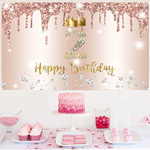 2e verjaardag meisje decoratie, tweede verjaardag Banner Rose Gold, gelukkig 2 verjaardag stof sign poster, 2e verjaardag achtergrond Banner meisje verjaardag partij decoratie met kroon element 3