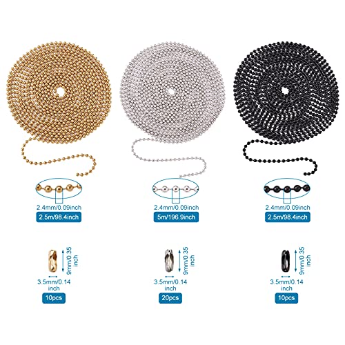 2.4mm Roestvrij stalen kogel kralen ketting met 32 voet kralen ketting en 50 st bijpassende connectoren voor sieraden maken, 3 kleuren