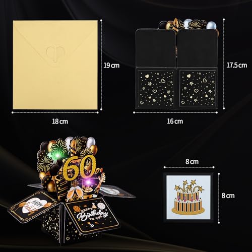60e verjaardagskaart met muziek - 60e verjaardag pop-upkaart met licht en interactieve kaarsen, cadeau verjaardagskaarten voor vrouwen en mannen, 3D wenskaart verjaardagscadeau 3