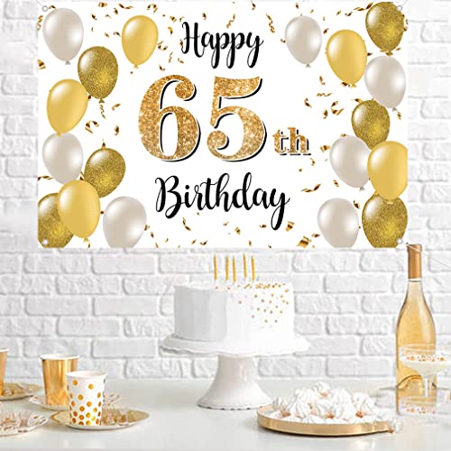 Verjaardagsdecoratie voor mannen/vrouwen, 65e verjaardag, Stof Tekenposter, Achtergrond Banner, Verjaardagsdecoratie, Wit en Goud, 1.5 Metres 3