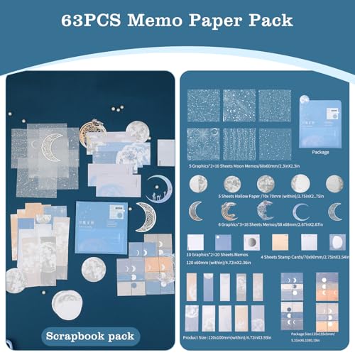 63 Stuks Maan Versiering Scrapbook Papier Pack, Journaling Supplies voor Galaxy Planet Space Sticker Art Journaling Planners DIY Collage Albums Esthetische Ambacht Materialen