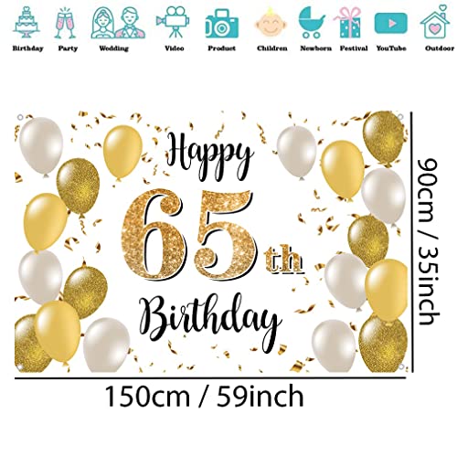 Verjaardagsdecoratie voor mannen/vrouwen, 65e verjaardag, Stof Tekenposter, Achtergrond Banner, Verjaardagsdecoratie, Wit en Goud, 1.5 Metres