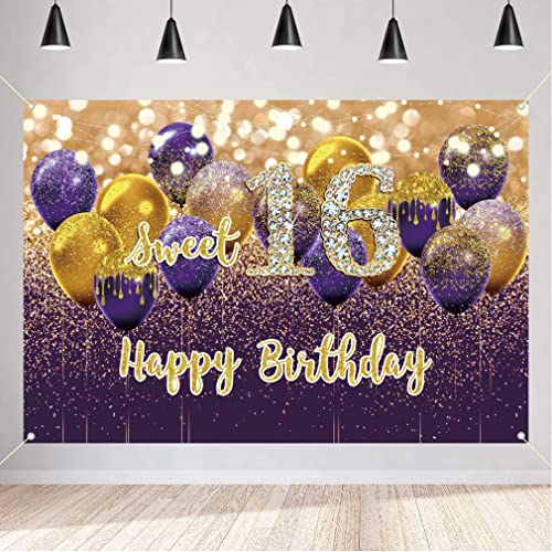 16e verjaardag decoratie meisjes, Violet stof sign poster, gelukkig 16 verjaardag achtergrond Banner meisje verjaardag feest decoratie