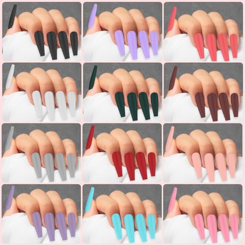 576 Stukken Plain Valse Nails 24 Kleuren Matte Valse Nails Pers op Nails Medium Lengte Coffin voor Nail Printing Ballerina Volledige dekking Pers op Nails Kit (B) 4