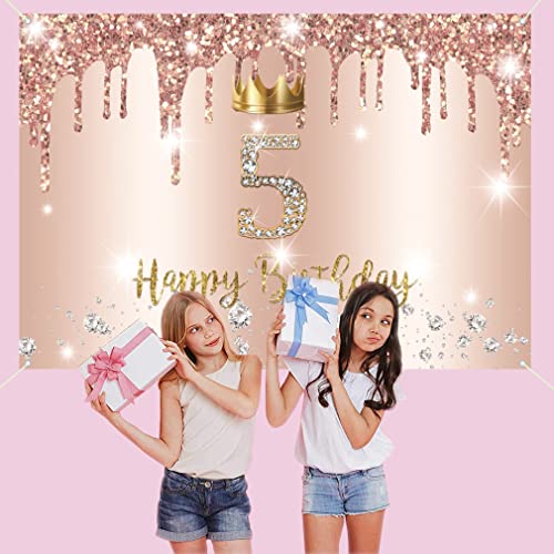 5e verjaardag decoratie meisje vijfde verjaardag Banner Rose Gold, gelukkig 5 verjaardag stof sign poster, 5e verjaardag achtergrond Banner meisje verjaardag partij decoratie 3