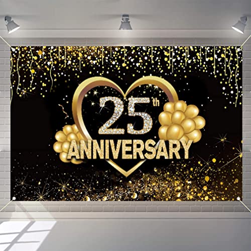 Happy 25th Anniversary Decoration Banner, 25th bruiloft Anniversary Party Supplies Fabric Sign Poster, zwart en goud achtergrond Decor foto achtergrond Welkom Sign, 150cmx90cm
