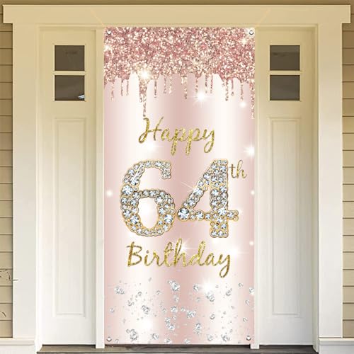64e verjaardag Decoratie Vrouwen, Gelukkig 64e verjaardag Deur Banner Rose Gold,64e Verjaardagsstof Tekenposter Deur Decoratie,64e verjaardag achtergrond Banner Dames,Birthday Party Welkom Teken