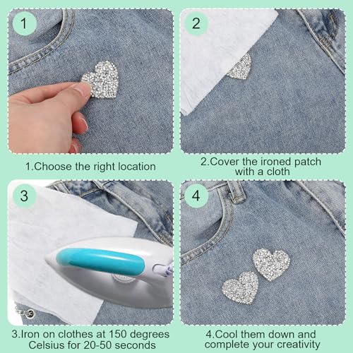 Verpakking van 12 Iron-on Patches Heart Shape Iron on Patches Textiel Rhinestone Patches voor strijken op kinderen DIY T Shirt Jeans Kleding Tassen Patches 4
