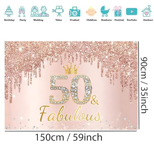 50e verjaardag Decoratie voor vrouwen, 50 & Fabulous Glitter Rose Gold Stof Teken poster verjaardag feest decoratie, 50e verjaardag achtergrond Banner vrouw