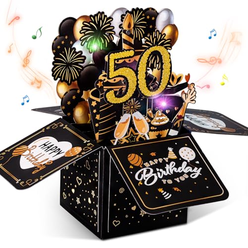 50 verjaardagskaarten met muziek - 50e verjaardag pop-up kaart met licht en interactieve kaarsen, verjaardagscadeau voor vrouwen en mannen, 3D wenskaart verjaardagscadeau