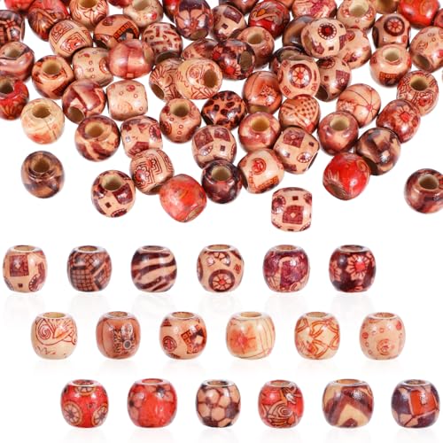 200st Geschilderde houten kralen met groot gat Natural Wood kralen voor Strijken Diverse patronen kralen Haar vlecht kralen voor DIY ketting, armbanden
