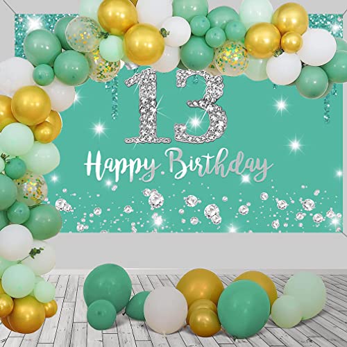 13e verjaardag meisje decoratie,13e verjaardag Banner,13e verjaardag Verjaardag Stof Tekenposter,13e verjaardag Achtergrond Banner Verjaardag Party Decoratie Cake Tafel Banner Accessoires,Turquoise 3