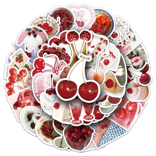 Cherry Stickers met kersenmotief, 50 stuks, kersenhout, voor auto, motorfiets, fiets, skateboard, snowboard, bagage, laptop, koffer, helm, motorfiets, computer