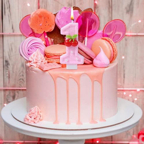 1e verjaardagskaars, Shiny Pink Number Candle Cute Cake Topper voor meisjes vrouwen eerste verjaardag decoratie verjaardag (Cherry B) 4