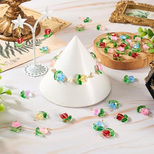 14 kleuren tulpen bloem bedeltjes 56 stuks Matte bloemvorm Glazen hangers Kleurrijke ondoorschijnende connector met lusjes voor oorbellen Vindt sieraden maken ambachten, glas 4
