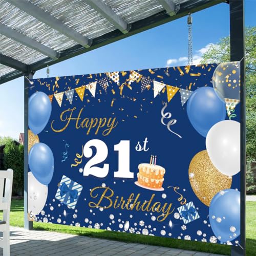 Verjaardagsdecoratie voor jongens en meisjes, 21e verjaardagsbanner blauw, 21e verjaardagsstof sign poster, 21e verjaardagsachtergrond Banner mannen vrouwen verjaardagsfeest decoratie 5