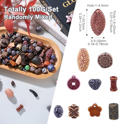 100G Vintage kralen Ovale kolom met bloem patronen acryl spacer kralen Tibetaanse stijlen Opaque Assorted acryl bedels Bulk voor DIY armband sieraden maken 4