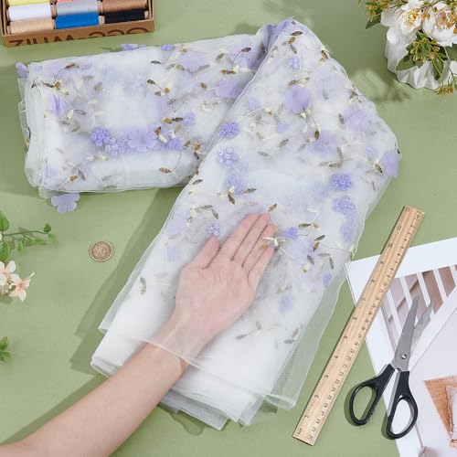 6 meter Geborduurde bloemstof, 1,3 m ras verzorgd kan afwerkingsweefsel van nettof vezelborduurwerk tule stof mest mest mest materiaal voor juuren knutselwerk gordijnen, lila 3