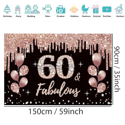 60e verjaardag decoratie voor vrouwen, 60e verjaardag decoratie zwart en roos goud glitter vlekken stof teken poster 60e verjaardag achtergrond banner vrouw 60e verjaardag feest decoratie