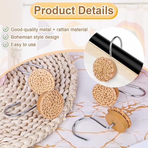 12 stuks Boho Knoppen Douche Gordijn haken, Decoratieve geweven Rattan Douche Gordijn Ringen Boerderij en kuststijl Badkamer Hangers Accessoires voor standaard Rod 4