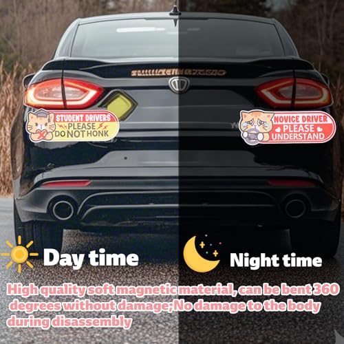 3st Student Driver Magneet voor Auto, 25x9cm Grappig Roze Reflectieve Magnetische Bumper Stickers voor Beginners Leuke Kat Veiligheid Teken Newbies Weerbestendig & afneembare 3