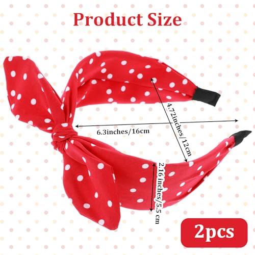 2 st. Red Dots Headband for Women, Cute Bow Headbands Rabbit Ears Vintage Wide Bandana Retro 50s Hair Band Accessoires Kostuums voor Vrouwen Meisjes (One Size)