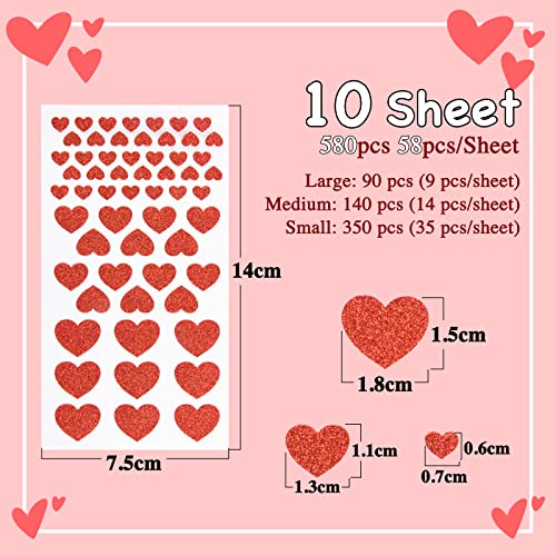 580 Red Heart Stickers Glitter Self-Adhesive Scrapbooking Valentijnsdag Wall Stickers voor zakjes, ansichtkaarten, wenskaarten, enveloppen, geschenken