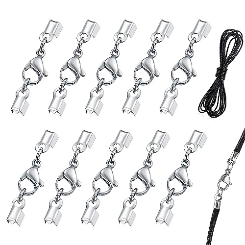 Kreeften sluitingen voor sieraden maken, 10 stuks zilveren roestvrij stalen kreeft sluitingen met koordeinden, koord sluiting met 1 m leren koord voor ketting armband