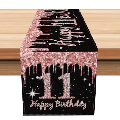 Gelukkige 11e Verjaardag tafelloper 11e verjaardag meisje inrichting keuken ettafel inrichting tafelband verjaardagsfeest tafelgeld inrichting voor thuis, zwart roségoud