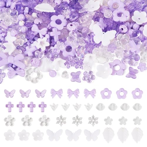 100g Diverse Acryl kralen Bloem Kralen Caps Bowknot Vlinder Cross Leaf Esthetic Craft Kralen Bulk voor armband sieraden maken, Medium Paars & White