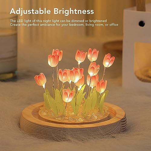 Tulip Night Light, Mini Tulip Flower Light DIY Handgemaakte Lamp, Verstelbare Helderheid Simulatie Bloem Atmosfeer Decoratie Slaaptafel Lamp (Glas, samengesteld hout) 3