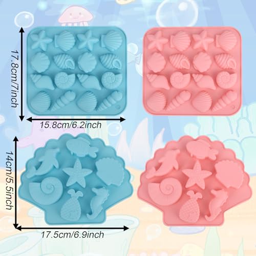 4 Stampi per Fondente a Tema Marino, 2 Misselijke Stampi in Silicone a Forma di Conchiglia Stella Marina Accessorio per la Cottura fai da te di Cioccolato Caramelle e Fondente (Blue and Pink)