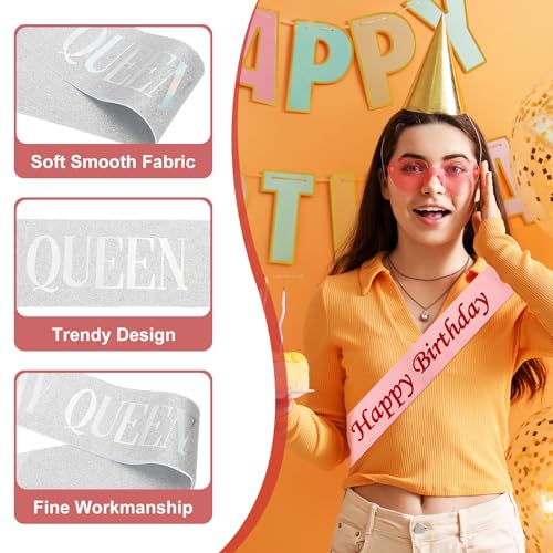 Verjaardag Meisjes Sash, 2 stuks Glitter Verjaardag Sash voor vrouwen Satin Queen Sash party decoraties met veiligheidsspeld voor feestgeschenken gunsten, Silver Fantasy 3