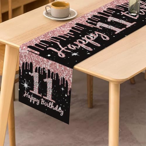 Gelukkige 11e Verjaardag tafelloper 11e verjaardag meisje inrichting keuken ettafel inrichting tafelband verjaardagsfeest tafelgeld inrichting voor thuis, zwart roségoud
