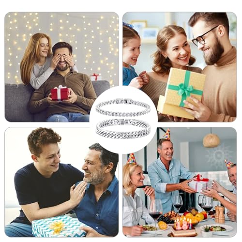 2 stuks roestvrij stalen armbanden voor mannen, zilver, stoeprand ketting, heren armband, zilveren armband mannen, paar armbanden jongens, zware schakel armbanden voor mannen, mannen armbanden voor vader, zoon 4