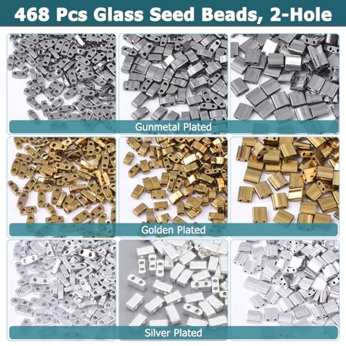 468 stuks 3 maten glas zaad kralen, 2-hole 3 kleuren 1/4 & halve Tila kralen 5x5mm/5x2mm/5×1mm voor sieraden maken 4