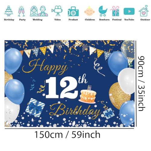 Verjaardag Decoratie voor jongens en meisjes, 12e verjaardag Banner, 12e verjaardag Stof Teken poster, 12e verjaardag Achtergrond Banner Jongen Verjaardag Party Decoratie, Blauw