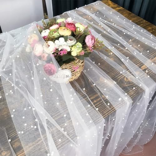 3 Yards Pearl Mesh Stof 1,92m Brede Kralen Tule Stof Doorschijnend Mesh Stof Bruids Veil bruiloft tafel decoraties voor douche jurk Veil huis, wit 4