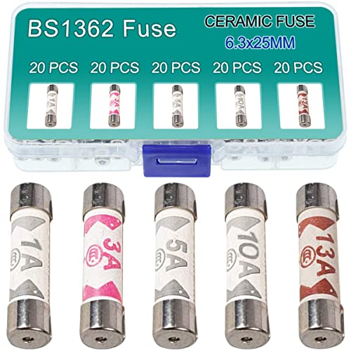 100PCS BS1362 Fuse 3A 5A 10A 13A 1A amp 240V vol Ceramic Tube Fuses Mixed Household Plug UK Assortiment Kit 6.3x25mm 6.8x0.984 Inch, 4 Values Fuses