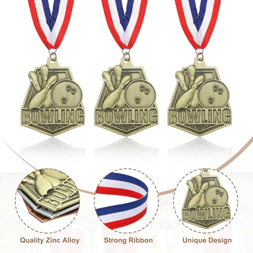 Bowling Games Embossing Gold Award Medailles met rood wit en blauw lint, 3 stuks Winnaar Medailles Gold Silver Bronze Awards voor de competitie Sport Party, Gold 3