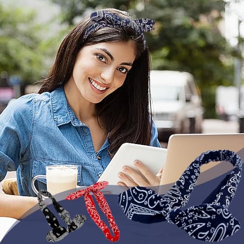 6 stukken Elastische Paisley Bandanas Boho Knot Retro hoofdbanden Breed verstelbaar haar boog decoratie leuke konijn oor hoofdbanden accessoires voor meisjes vrouwen Yoga make-up sport 3