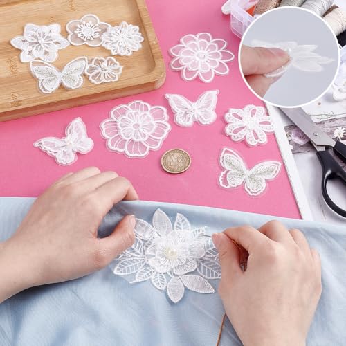 12 stuks borduurwerk Vlinder naaiijzer op patch, bloem Organza Patches Appliqué voor bruiloft bruiloft jurk Naaien Craft DIY kleding haar ornamenten, wit 3