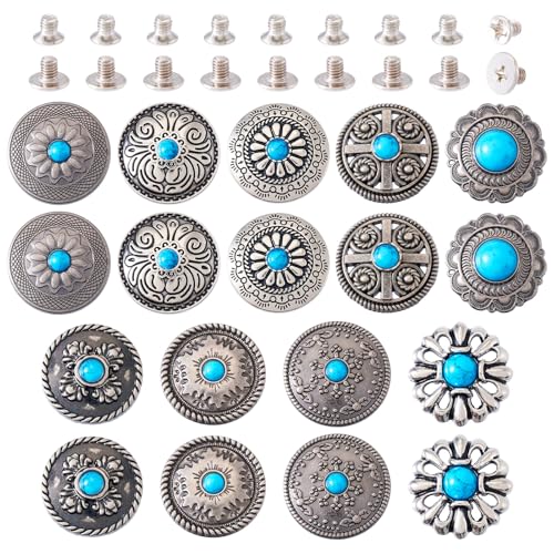 18 st Schroeven terug Knoppen Grave Bloem patroon Legering Decoratieve knop Deep Sky Blue Imitatie Turquoise Retro Schroef Rives voor tas lederen ambachten