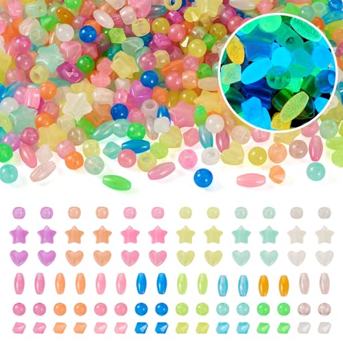 500 stuks verschillende lichtgevende acryl kralen hart Oval diamanten kralen glow in de donkere barrel ronde lose spacer kralen voor DIY Sieraden maken